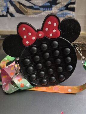 Black Minnie-Style Pop-It Crossbody Bag with Rainbow Lanyard